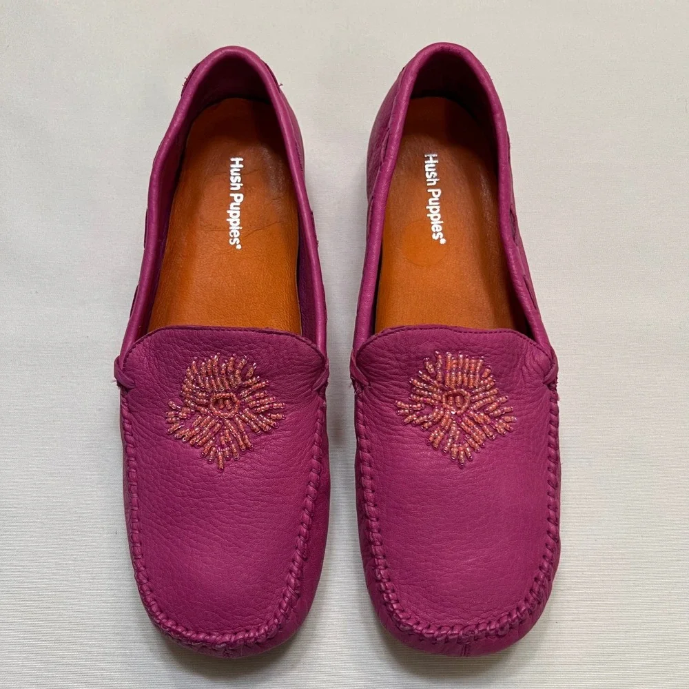 Hush Puppies Magenta Pink Beaded Boho Leather Moccasin Loafers Flats Size 7.5M